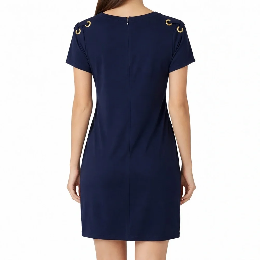 Michael Kors Navy Grommet Lace Up Shoulder Shift Dress Medium Gold